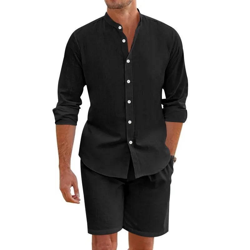 Men's summer short suit with lapel button-down shirt and drawstring shorts in hemp blend fabric