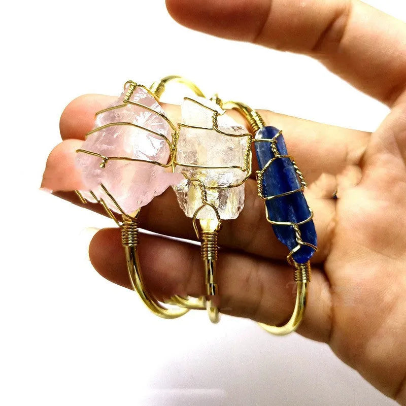 Natural crystal rough stone bracelet with gold wire wrapping in geometric bohemian design