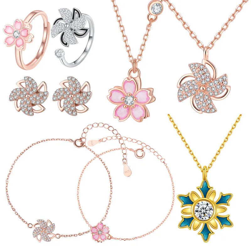 S925 silver rotating necklace with diamond-cut eight hearts eight arrows flower pendant on snake bone chain