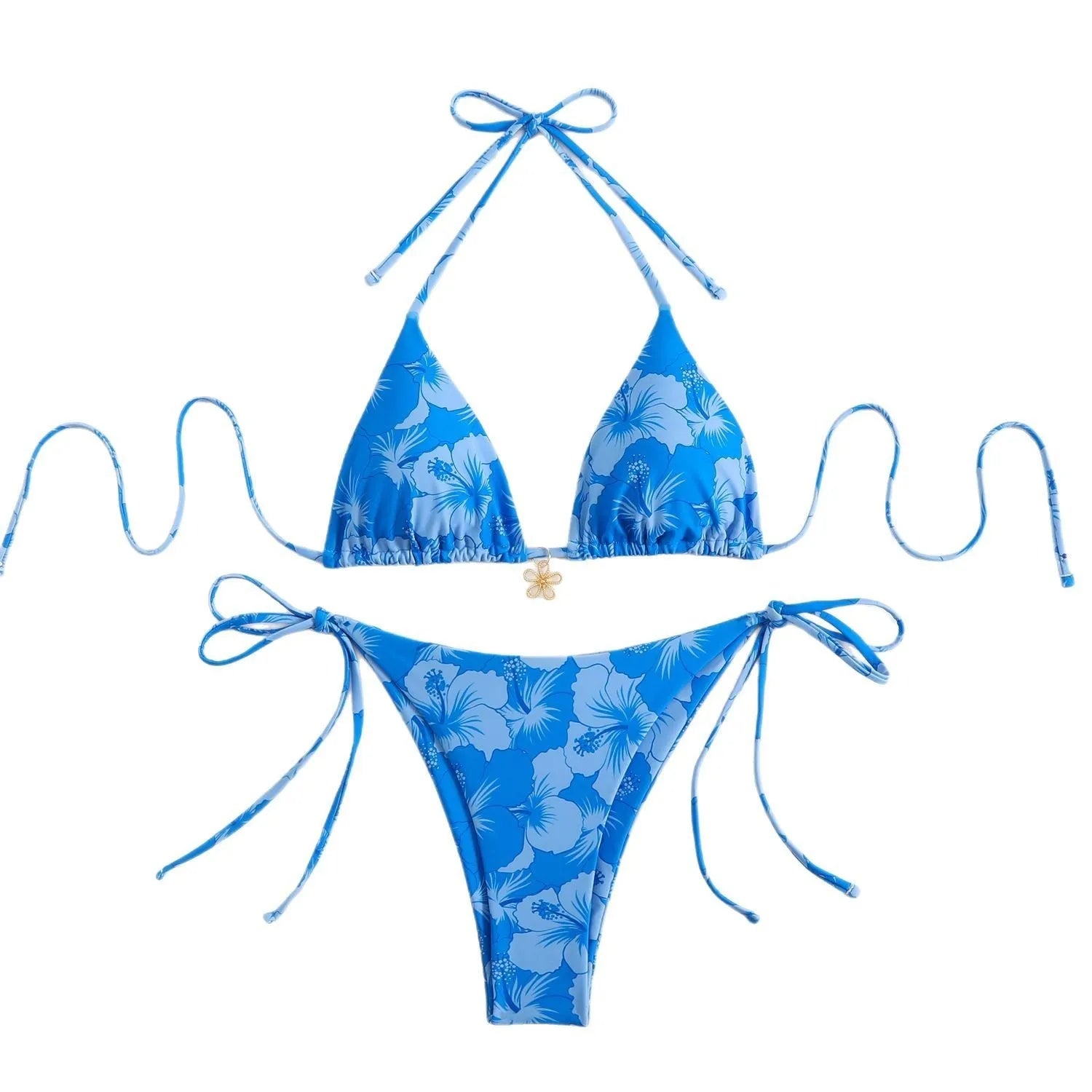 Double-sided bikini printed polo neck lace-up swimsuit for women in light blue high waist briefs