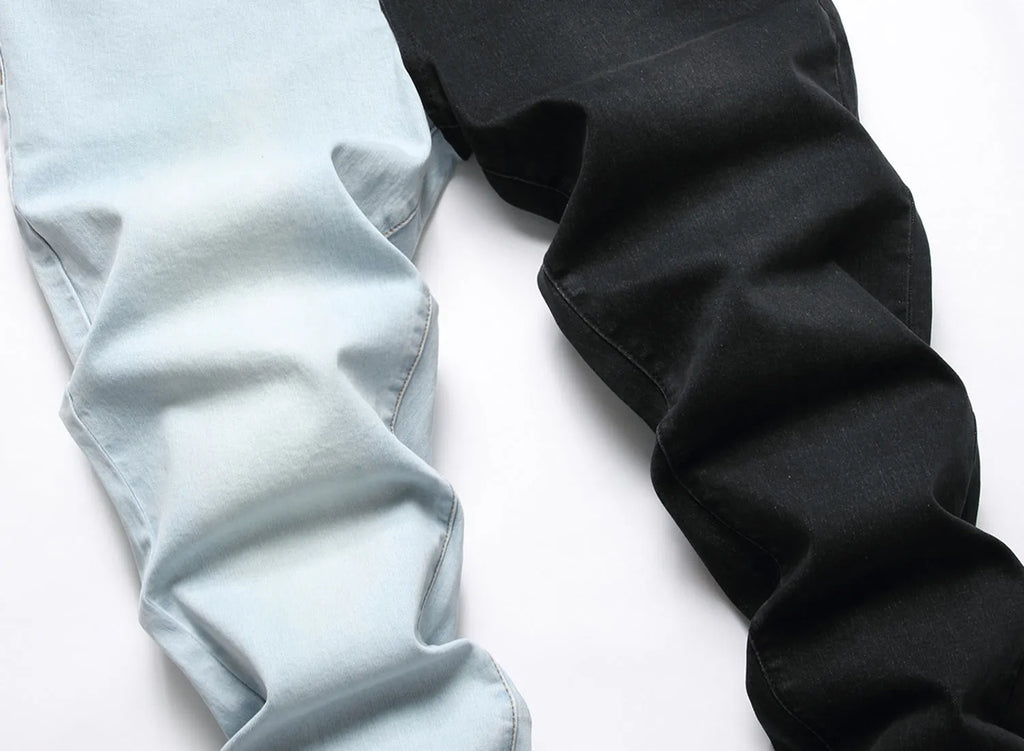 Men's two-colour stretch jeans in light blue and black denim, tight-fitting European style, sizes 30-40