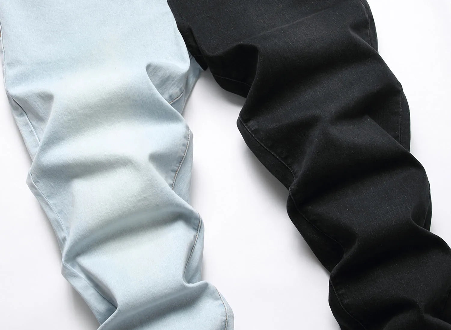 Men's two-colour stretch jeans in light blue and black denim, tight-fitting European style, sizes 30-40