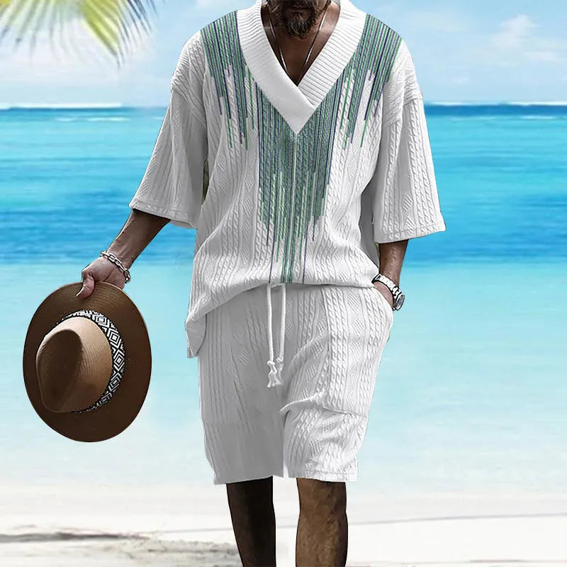 Men's printed knitted shorts suit with drop-shoulder short-sleeve top and matching shorts in chemical fibre blend fabric