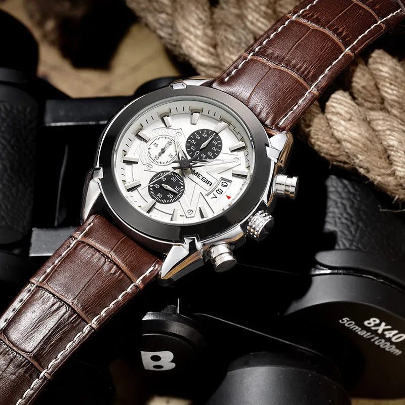 Men's multifunctional quartz watch with three subdials, six hands, luminous display, waterproof case