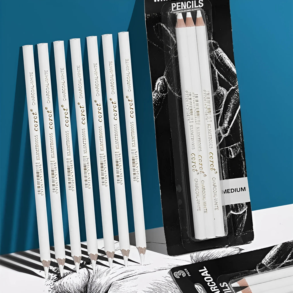 Set of three white charcoal drawing pencils with wooden barrels for sketching on dark paper.