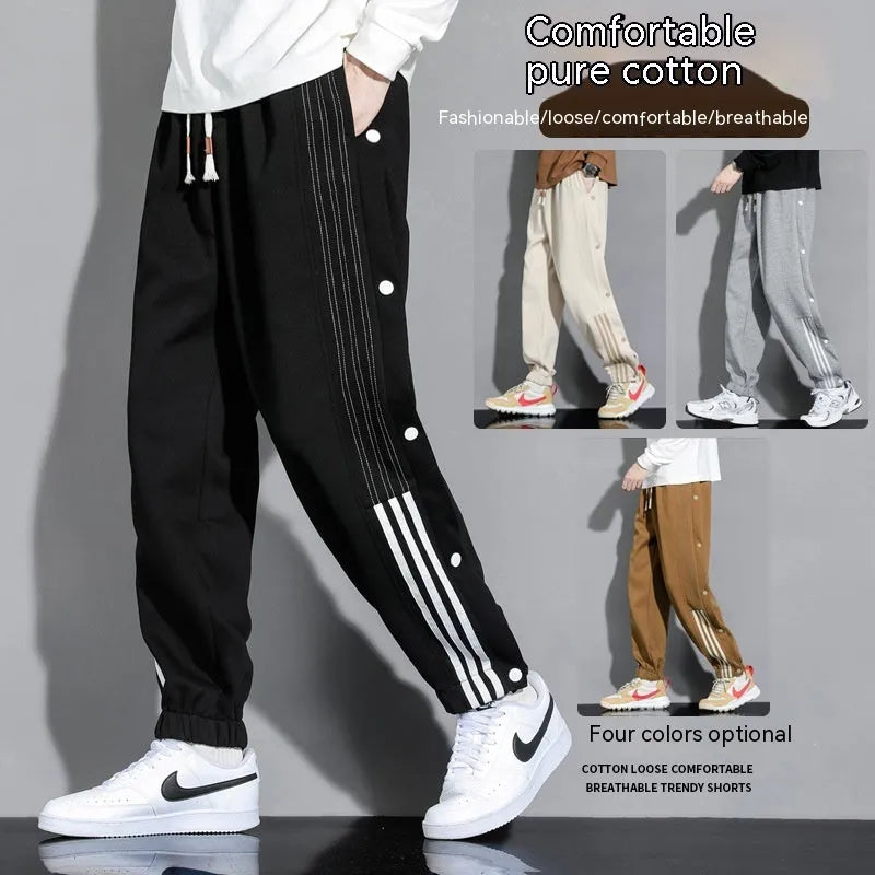 Man wearing loose grey sweatpants with ankle ties and a high waist.