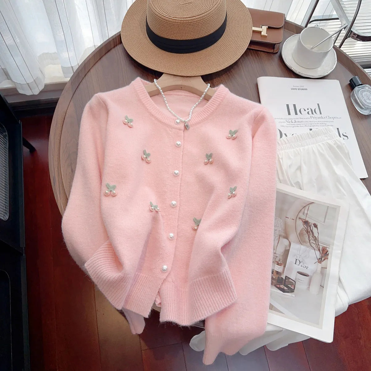 Cashmere cardigan sweater coat with beaded detailing in slim fit fresh style