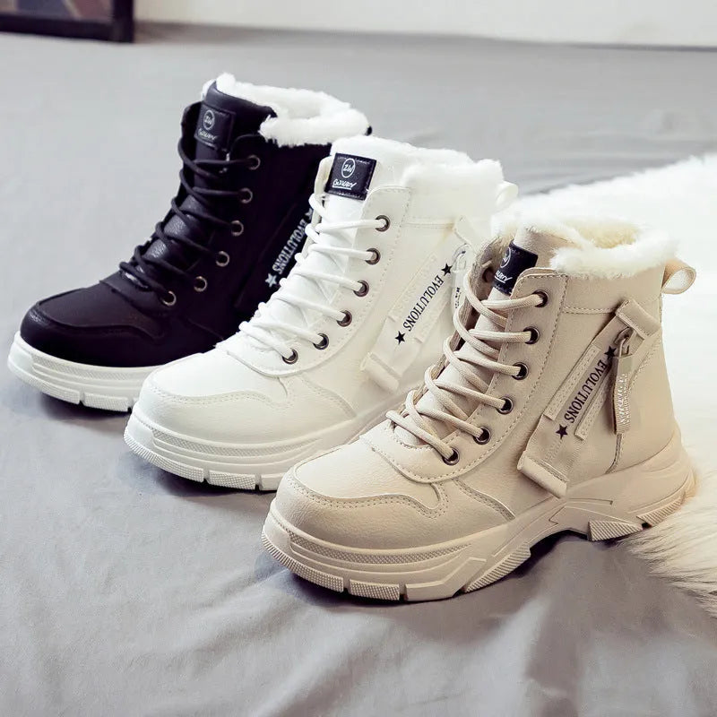 Women's plus size tall crown fleece-lined snow boots with lace-up front and round toe
