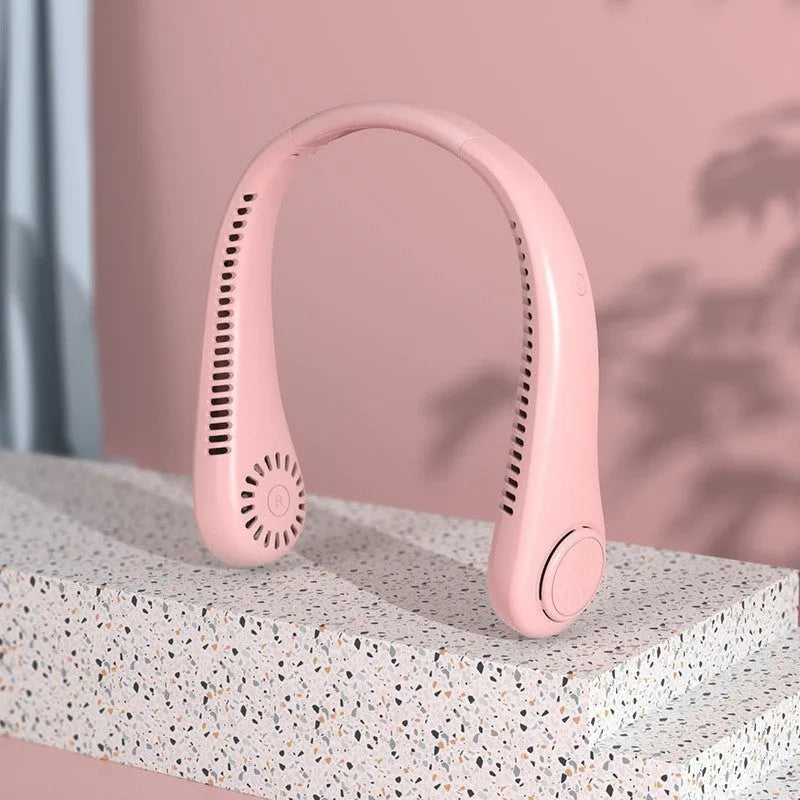 White USB rechargeable bladeless neck fan showing flexible neckband and adjustable controls