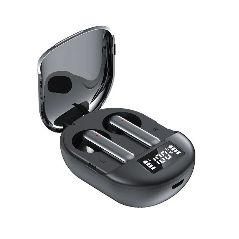 Black and white wireless Bluetooth earbuds with digital display screen showing battery status