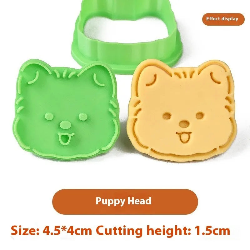 Plastic cartoon biscuit mould for 3D puppy-shaped treats with seven decorative designs