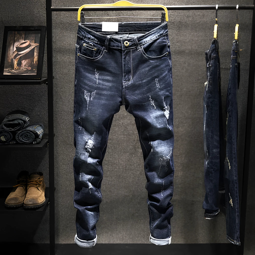 Men's slim-fit skinny jeans in dark blue denim with micro elasticity and mid-rise waist