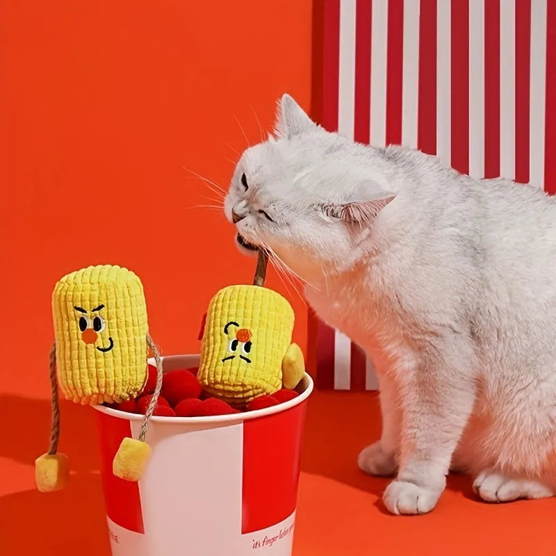 Corn cob shaped cat chew toy made from polytree wood for dental cleaning.