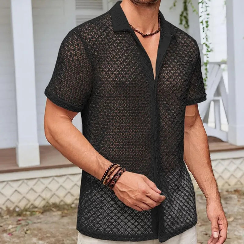 Men's short sleeve lapel cardigan shirt in cotton blend fabric