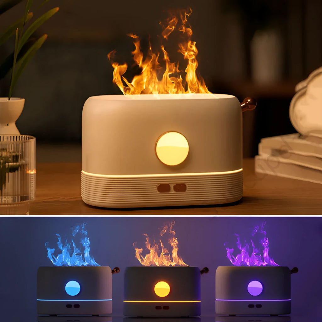 USB desktop humidifier with flickering flame effect, available in black, green or white colours