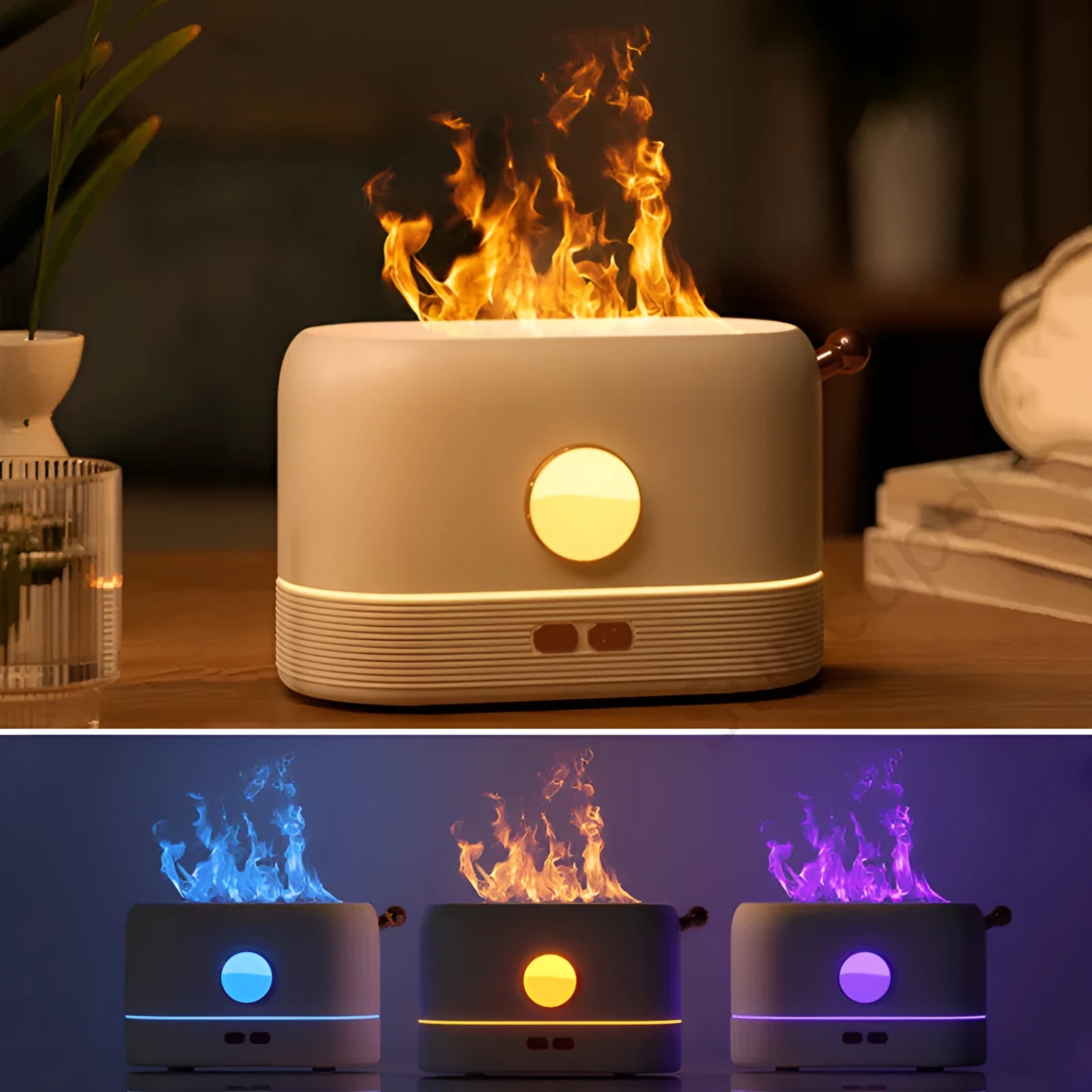 USB desktop humidifier with flickering flame effect, available in black, green or white colours