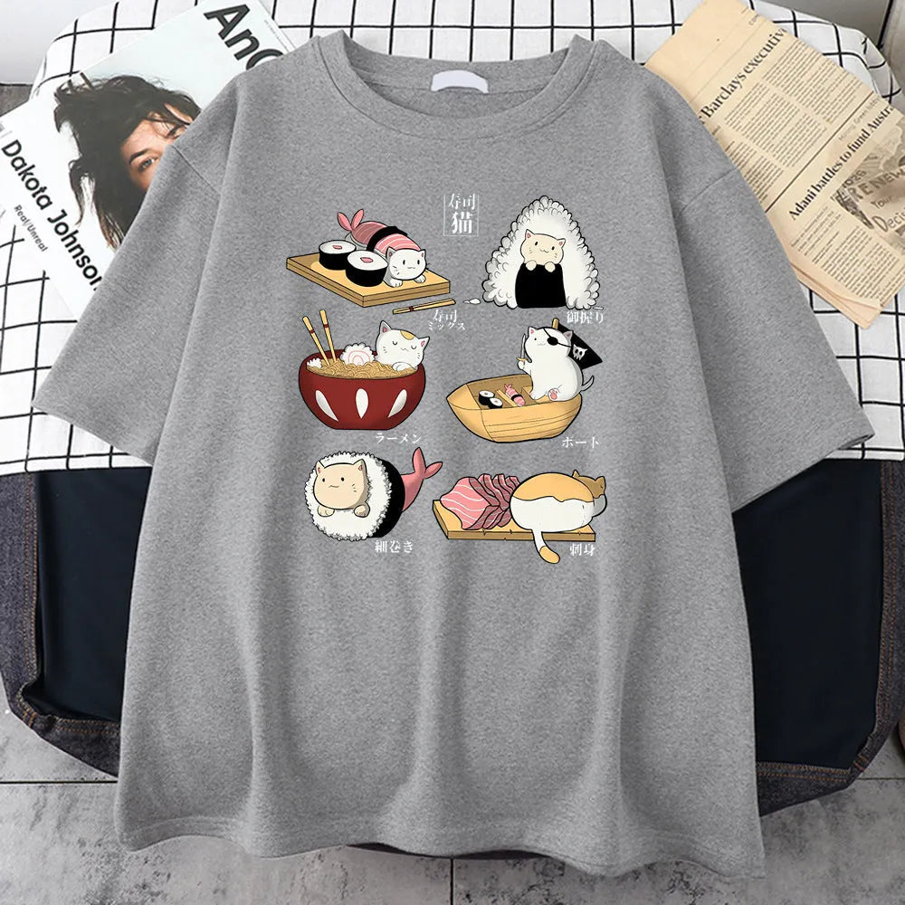 Men's black cotton t-shirt with cute cat sushi cartoon print design, short sleeves, loose fit