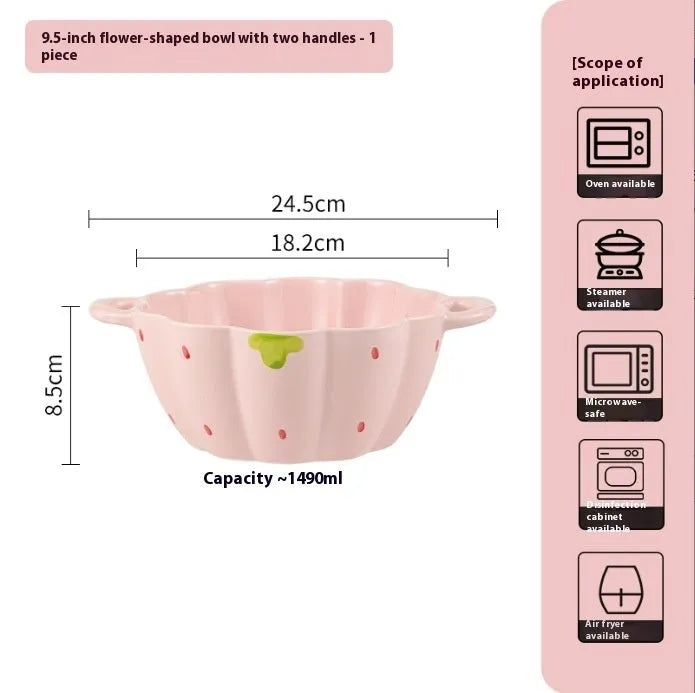 Cute strawberry pattern porcelain dinnerware set showing bowl, plate, and twist spoon on a table.