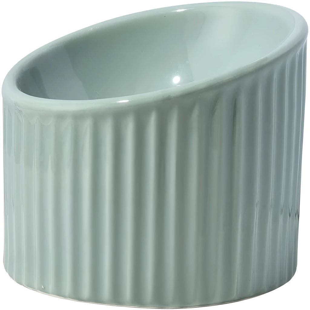 Ceramic elevated cat bowl in green colour with tilted design for anti-vomit feeding