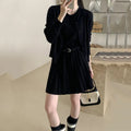 Grey art retro women's knitted cardigan and pleated vest skirt set with a waist belt.