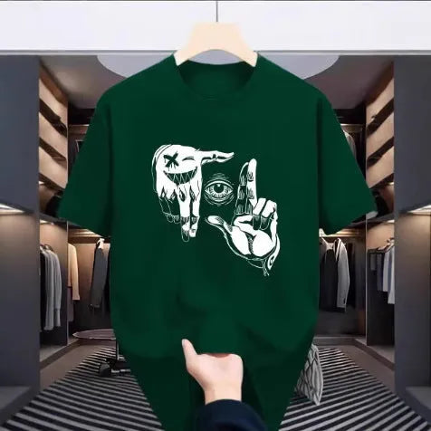 Men's cartoon print t-shirt in bird eye cloth showing round neck and short sleeve design