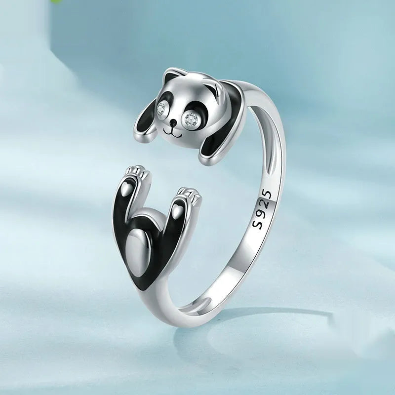 Adjustable panda open ring bracelet in sterling silver with white gold plating