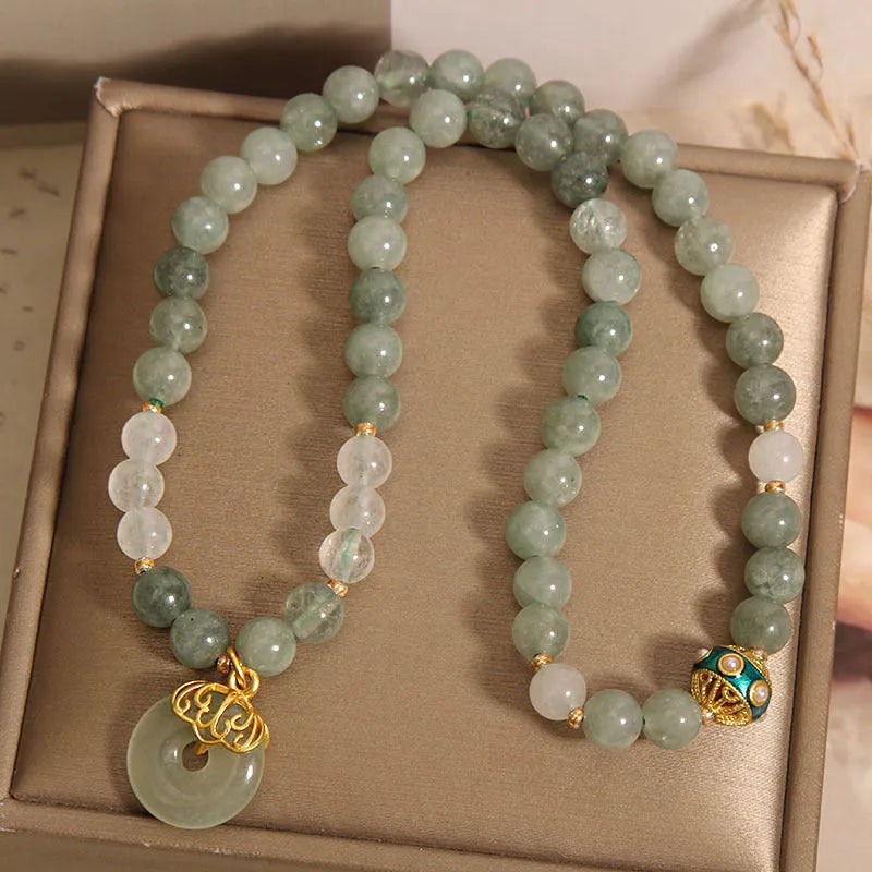 Women's aventurine double-layer jade bracelet with safety buckle closure in emerald green
