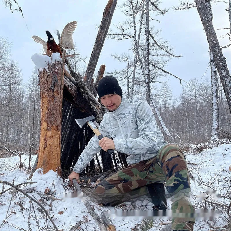Men's camouflage pattern fleece coat for outdoor activities.