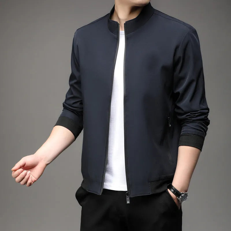 Men's loose fit Korean style lapel jacket in black casual autumn outerwear with zipper pocket