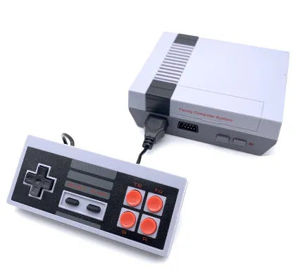 Retro NES game console with two controllers showing compact design and AV connectivity ports
