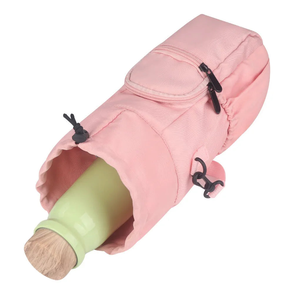 Cloth water bottle shoulder pouch in black, green, or pink with adjustable strap.