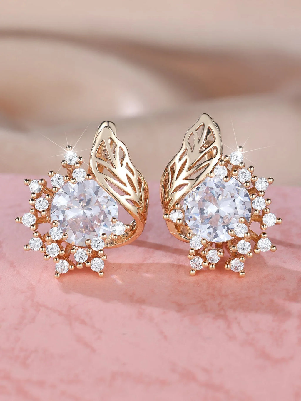 Round floral feather zircon earrings in rose gold with coloured diamond options