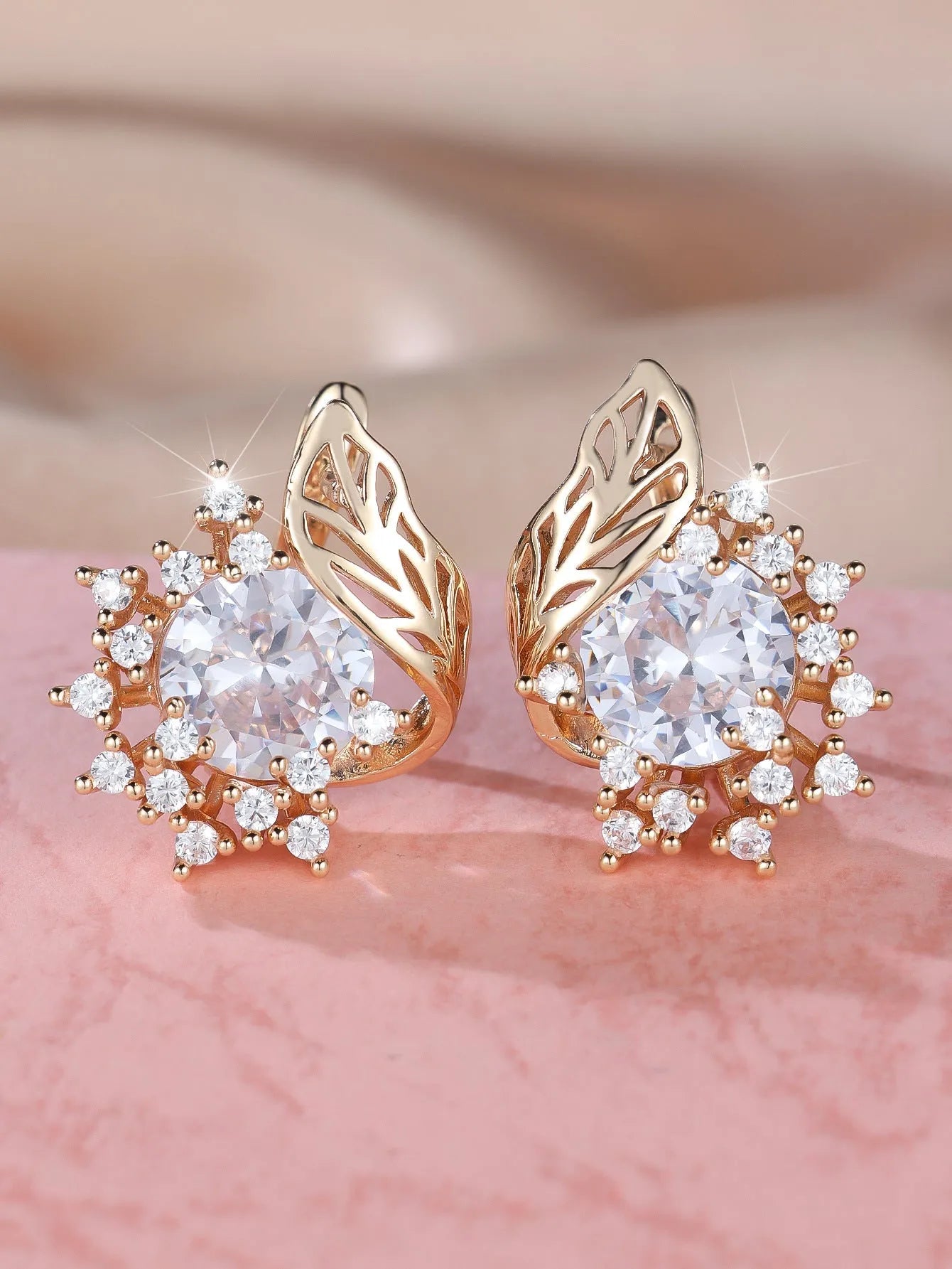 Round floral feather zircon earrings in rose gold with coloured diamond options