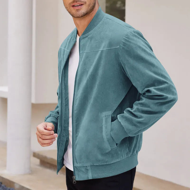 Men's casual retro long sleeve cardigan jacket in army green colour made from suede fabric with round hem