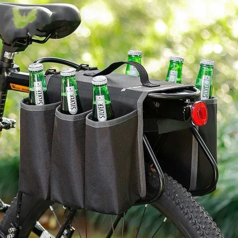 Black and orange bicycle-mounted drink holder bag with double-sided storage compartments