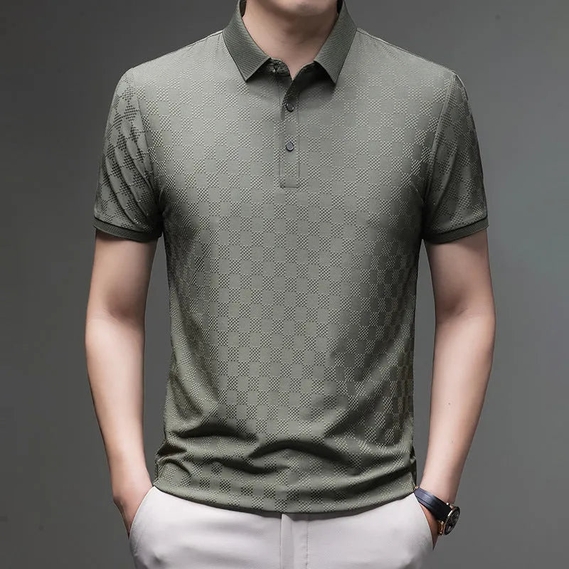 Rhombus patterned thin ice silk short sleeve T-shirt for men in black, shown flat.