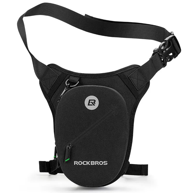 Black polyester and TPU waterproof motorcycle leg bag for men, minimalist fashion style