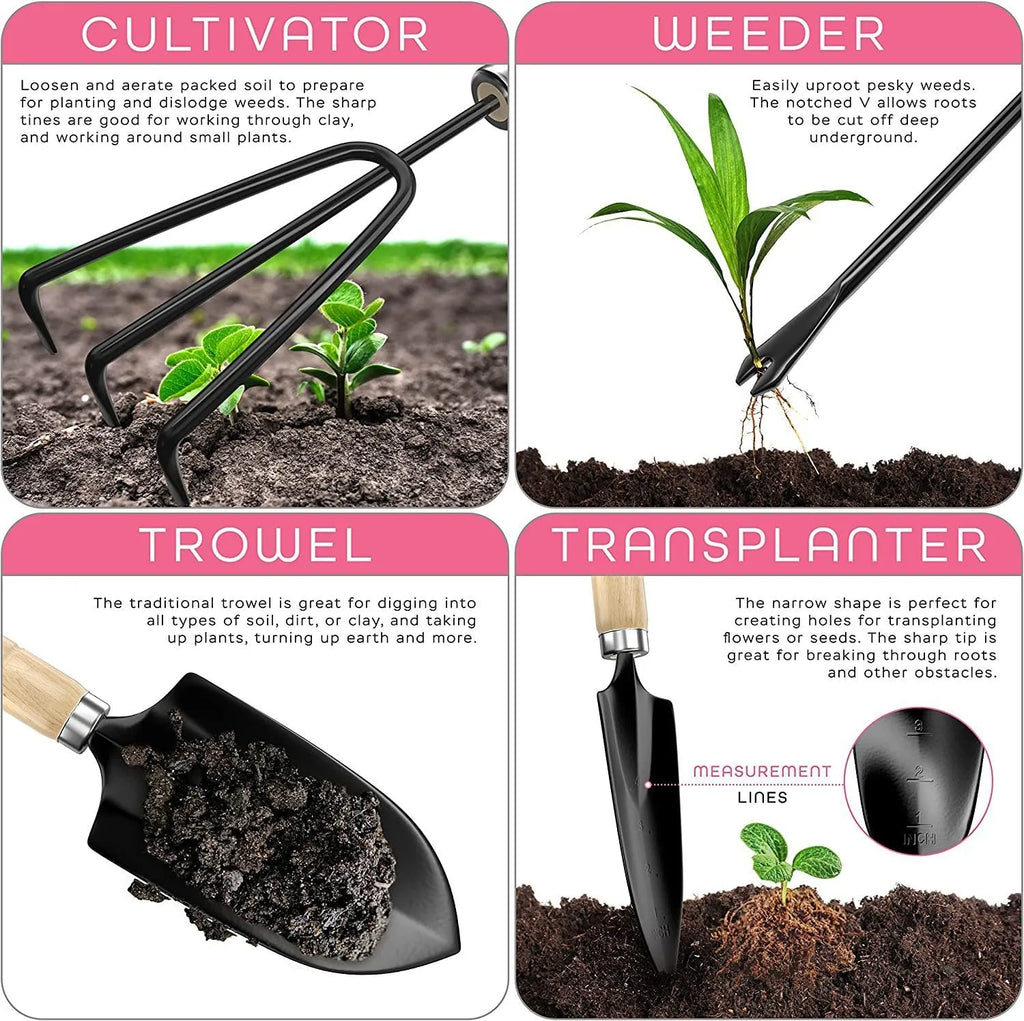Stainless steel garden tool set with eight pieces including trowel, fork, and weeder on a garden soil background.