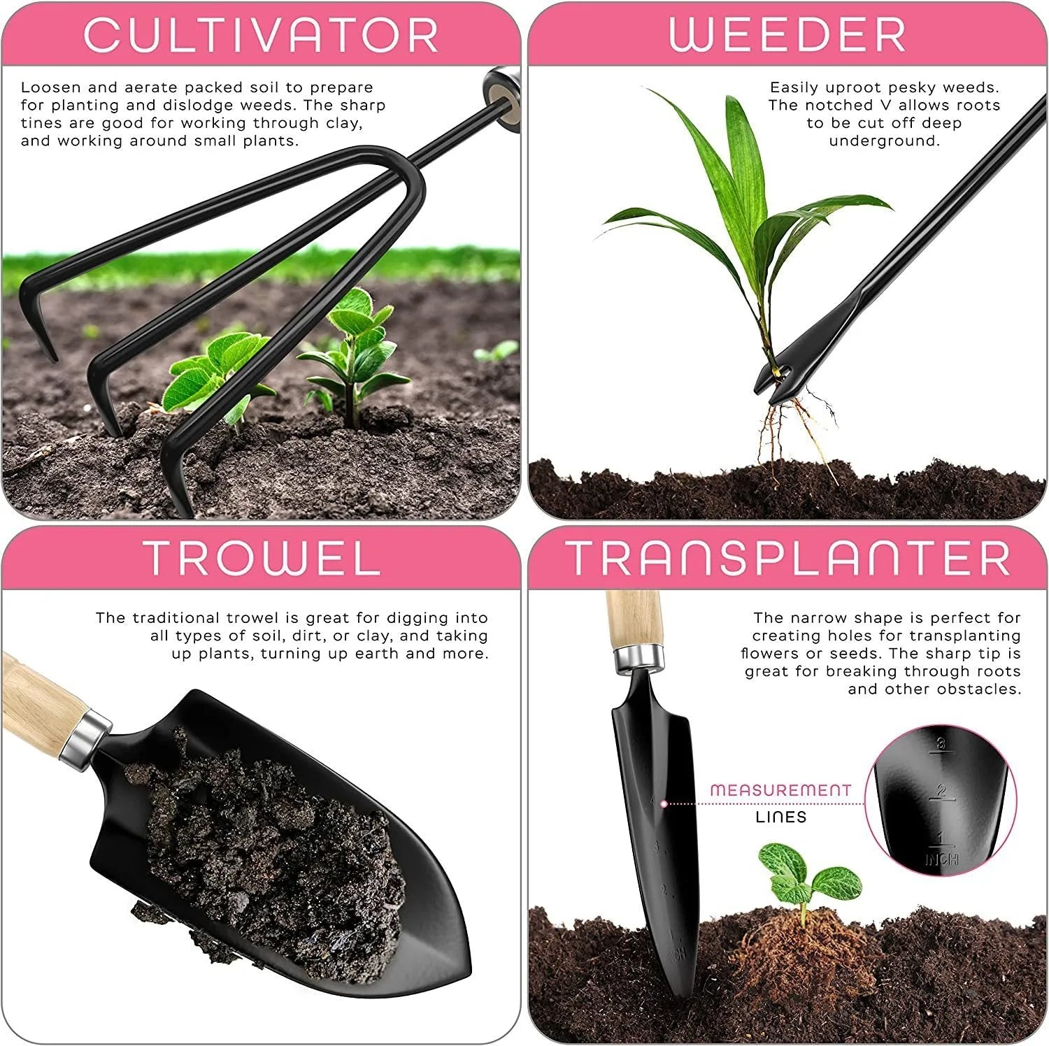Stainless steel garden tool set with eight pieces including trowel, fork, and weeder on a garden soil background.