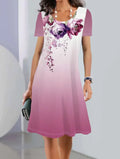 Women's floral print A-line summer dress in ice silk fabric with short sleeves and round neck.