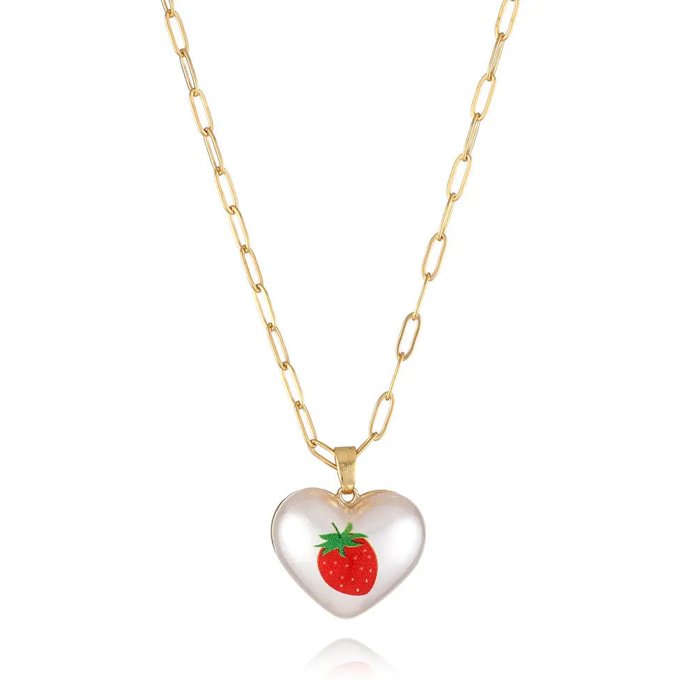 Fruit charm necklace with adjustable chain showing strawberry, pineapple, apple, pear and cherry pendant options