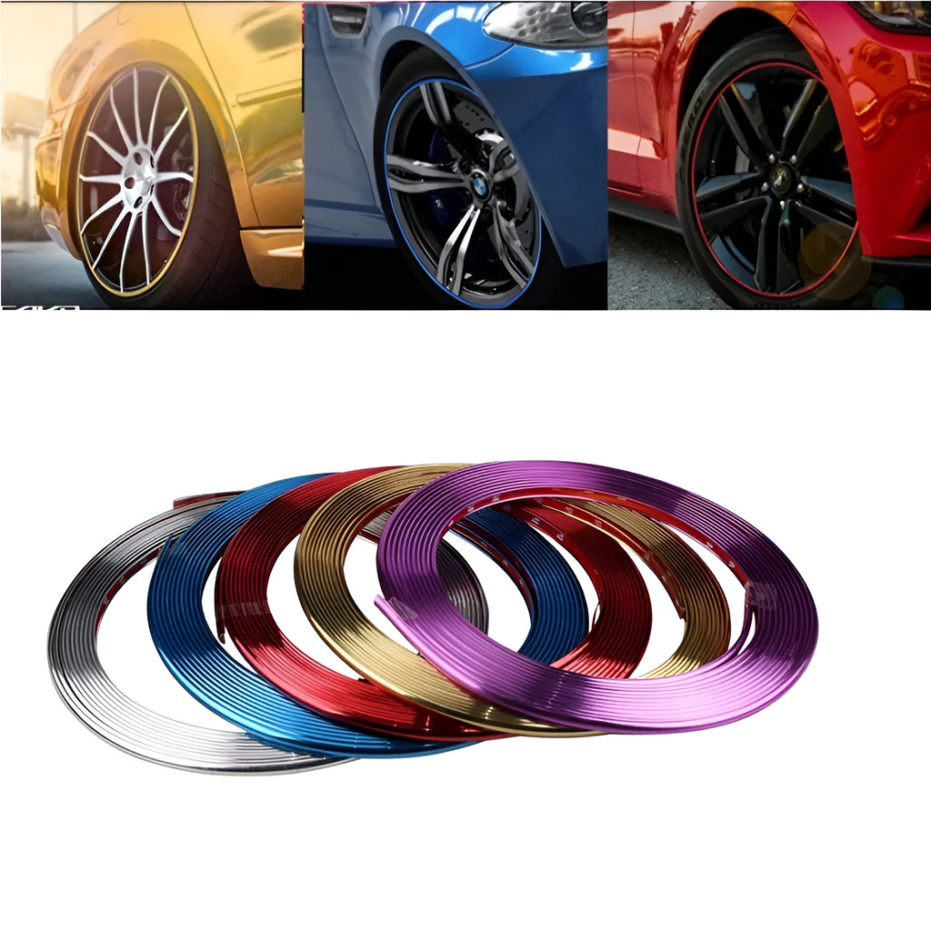 Roll of electroplated purple PVC wheel hub trim sticker, 8 metres long, for car decoration.