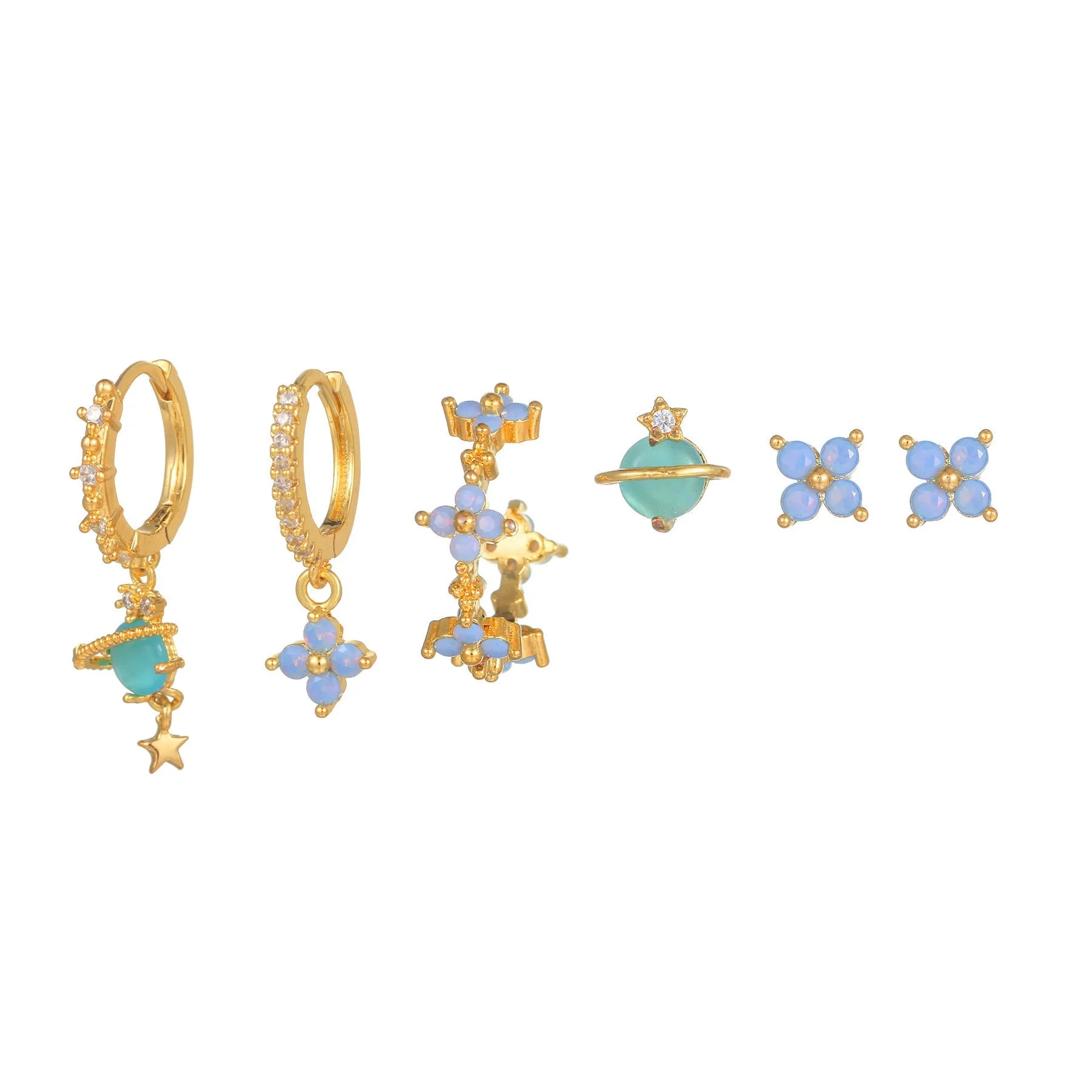 Gold and silver floral stud earrings with blue protein stone mosaic design.