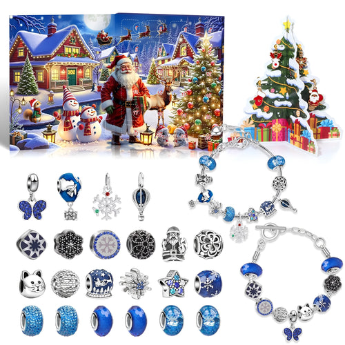 24 grid Christmas advent calendar countdown set with zinc alloy frame electroplated finish and bracelet blind box in flip vertical blue