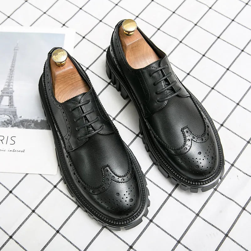 Men's black and brown business brogue shoes with round toe and artificial PU construction
