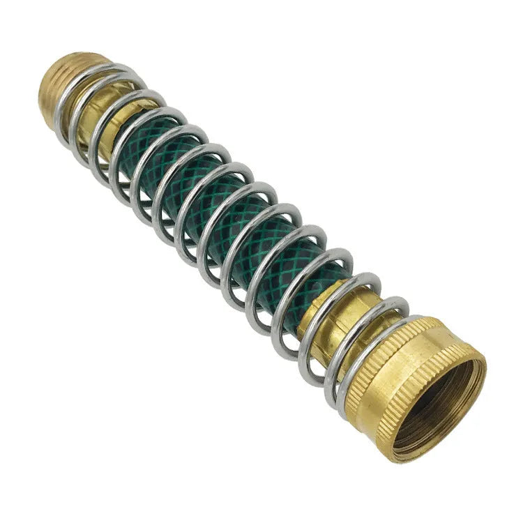Brass spring hose connector for garden irrigation with spiral mechanism to prevent pipe wrinkles