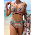 Women's high-waisted cross bandage bikini three-piece swimsuit set in blue colour