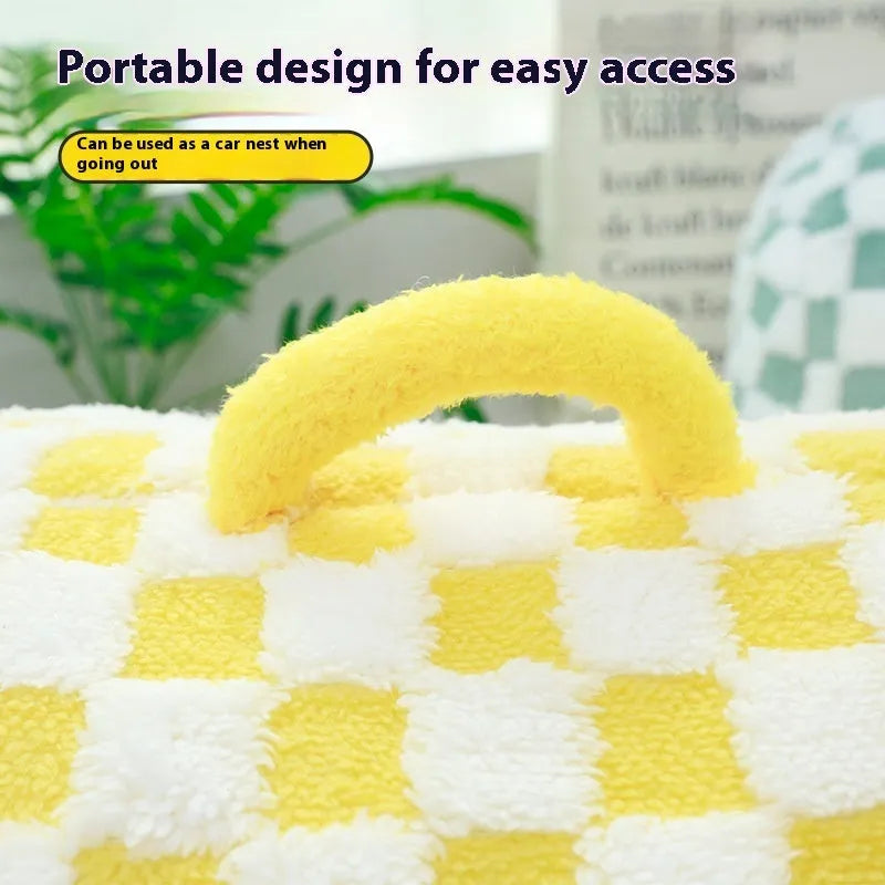 Four Seasons semi-enclosed dog bed in chessboard yellow, cloth material, 42x30x25cm size, for indoor use