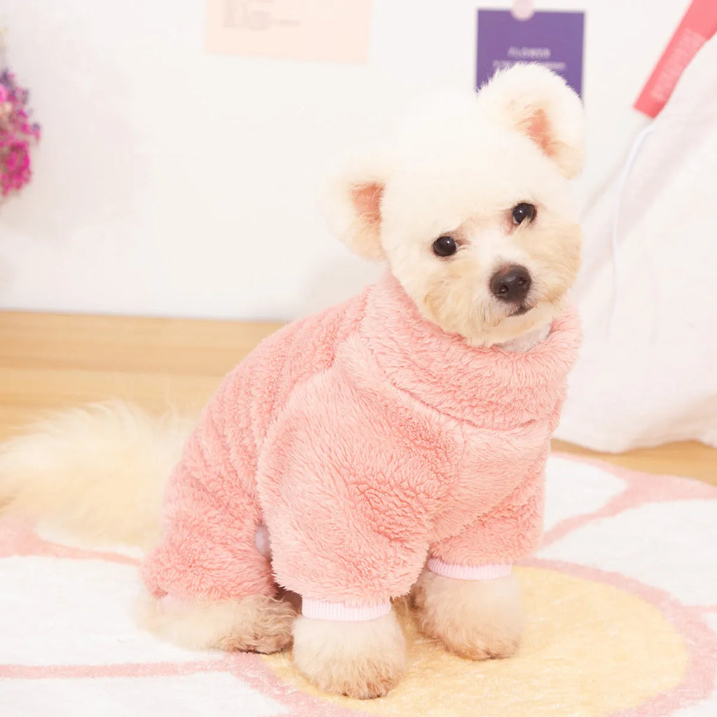 Double-sided thick plush dog coat with high collar in blue colour showing four-legged design and towing ring