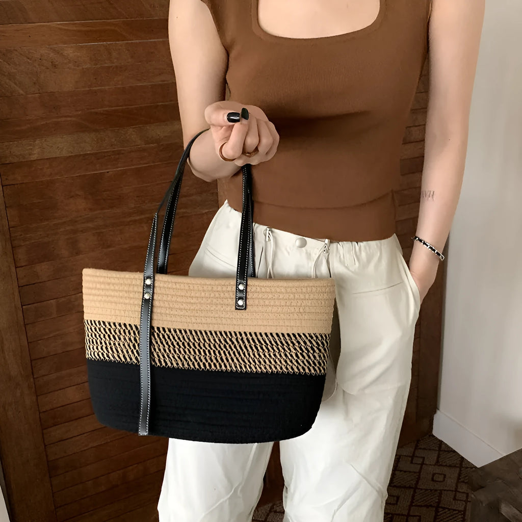 Hand woven cotton vegetable basket beach bag in khaki with double shoulder straps and contrast stitching